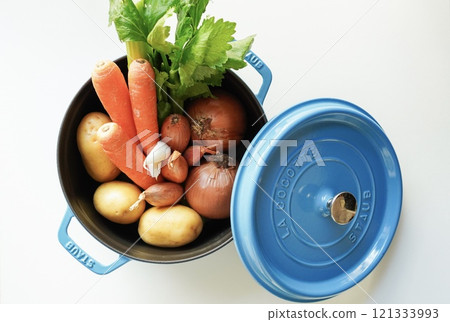 Image of healthy stewed food: Cast iron enamel pot on white background Image of healthy stewed food: Cast iron enamel pot on white background 121333993