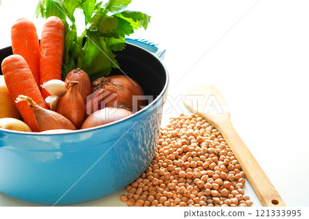Image of healthy stewed food: Cast iron enamel pot on white background Image of healthy stewed food: Cast iron enamel pot on white background 121333995