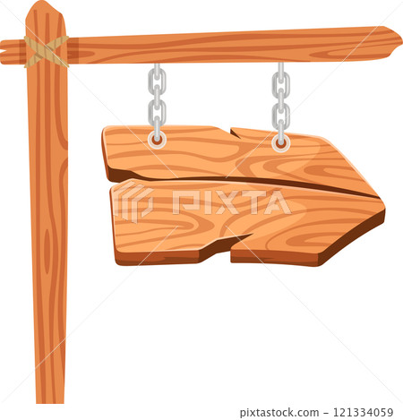 Wooden arrow sign featuring ample copy space, hanging from metal chains on a rustic wooden post, with a rope elegantly wrapped around it, set against a clean white background Wooden arrow sign featuring ample copy space, hanging from metal chains on a rustic wooden post, with a rope elegantly wrapped around it, set against a clean white background 121334059