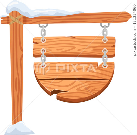 Wooden sign adorned with snow, hanging from a rustic wooden pole using metallic chains and rope, perfect for enhancing winter and Christmas themed projects and decorations 121334060
