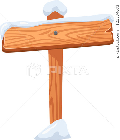 Wooden signpost covered in a thick layer of snow stands in a serene winter forest, guiding hikers and travelers along a picturesque, snowy path through the tranquil landscape 121334073