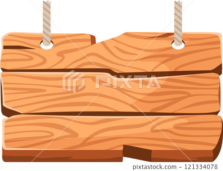 Wooden sign crafted from light brown planks, hanging from two sturdy ropes against a white background, featuring natural wood grain, perfect for displaying custom text or messages 121334078