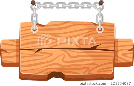Wooden signboard hanging from a metal chain fixed with nails, creating a rustic and versatile background perfect for displaying messages and announcements Wooden signboard hanging from a metal chain fixed with nails, creating a rustic and versatile background perfect for displaying messages and announcements 121334087