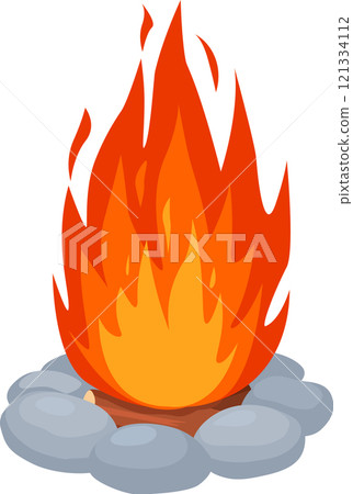 Bonfire burning with high flames over white background surrounded by rocks, perfect illustration for camping, scouting and outdoor activities 121334112