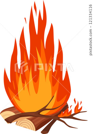 Large bonfire blazing with intense flames against a white background, capturing the essence of camping, evoking warmth, and hinting at the thrill of danger 121334116