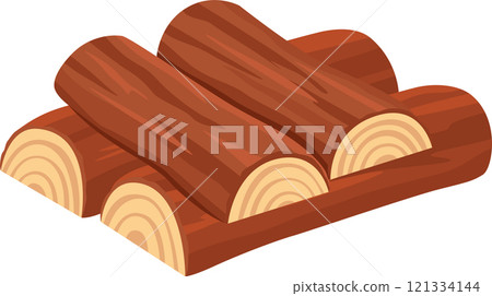 Three wooden logs stacked on a larger log highlight the essence of lumber and the wood industry, reflecting natural materials and the beauty of forestry 121334144