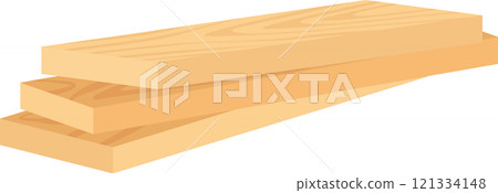 Three light brown rectangular planks of wood stacked on top of each other, creating a parallelepiped shape, isolated on a white background, ready for carpentry or construction projects Three light brown rectangular planks of wood stacked on top of each other, creating a parallelepiped shape, isolated on a white background, ready for carpentry or construction projects 121334148