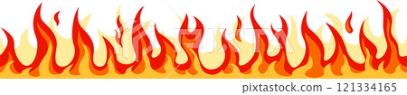 Seamless horizontal pattern of realistic cartoon fire flames burning brightly with red, orange and yellow colors against a white background, creating a vibrant and energetic visual Seamless horizontal pattern of realistic cartoon fire flames burning brightly with red, orange and yellow colors against a white background, creating a vibrant and energetic visual 121334165