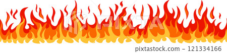 Bright cartoon flames creating a seamless horizontal band of fire, radiating vibrant shades of orange, red, and yellow, perfect for backgrounds and decorative design elements 121334166