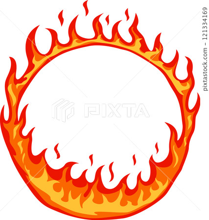 Cartoonish ring of fire burning brightly, creating a circular frame on a white background, ideal for designs related to heat, energy, and passion 121334169
