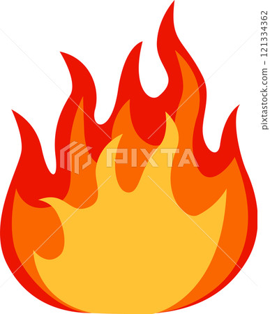 Cartoonish flames rising from a fire burning brightly with red and orange colors on a white background representing heat, energy, and danger 121334362