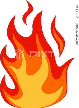 Burning red and orange cartoon flames radiate energy and warmth against a clean white backdrop, creating a vivid and dynamic visual that captures attention and excitement Burning red and orange cartoon flames radiate energy and warmth against a clean white backdrop, creating a vivid and dynamic visual that captures attention and excitement 121334363
