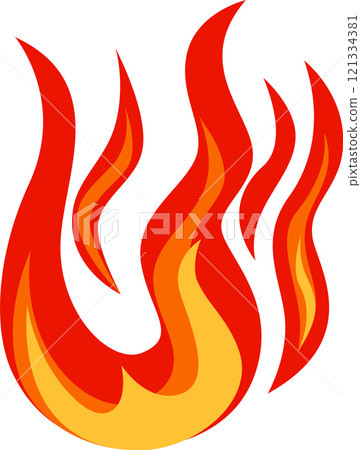 Simple stylized flames rising, with red and orange colors, creating a visually appealing representation of fire and heat on a white background 121334381