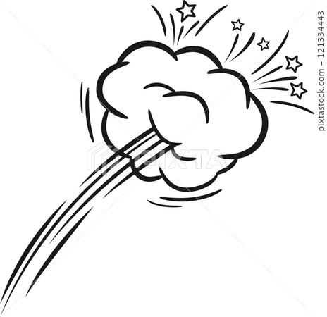 Black and white illustration featuring a cartoon smoke cloud rapidly emitting stars, enhanced by dynamic speed lines, all set against a clean white background 121334443