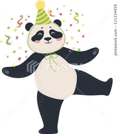 Cheerful panda wearing a festive party hat dances joyfully amidst a flurry of colorful confetti, embodying the spirit of celebration and playful exuberance Cheerful panda wearing a festive party hat dances joyfully amidst a flurry of colorful confetti, embodying the spirit of celebration and playful exuberance 121334459