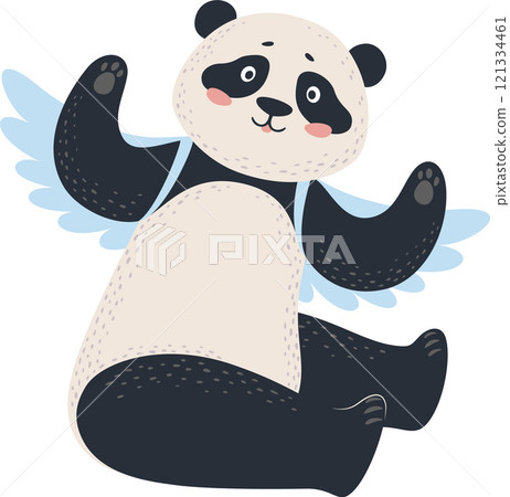 Adorable panda bear character with light blue angel wings flying and waving its paws, creating a whimsical and charming scene against a white background 121334461
