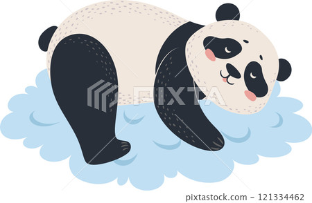 Adorable panda lying on a cloud, enjoying tranquility and peace, creating a heartwarming scene ideal for children s illustrations promoting relaxation and well being Adorable panda lying on a cloud, enjoying tranquility and peace, creating a heartwarming scene ideal for children s illustrations promoting relaxation and well being 121334462