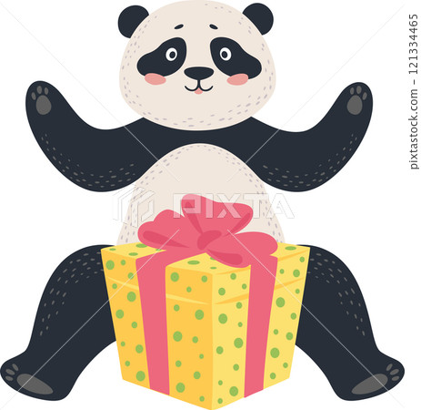 Adorable panda bear sitting with a yellow gift box with pink ribbon, arms raised in excitement, celebrating a special occasion with joy and gratitude Adorable panda bear sitting with a yellow gift box with pink ribbon, arms raised in excitement, celebrating a special occasion with joy and gratitude 121334465