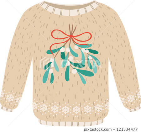 Cozy beige Christmas sweater featuring a mistletoe decoration tied with a red ribbon and a festive snowflake pattern along the bottom, perfect for the holiday season 121334477