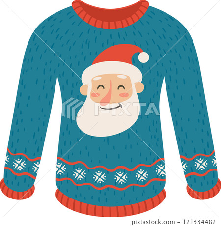 Festive blue Christmas sweater featuring a cheerful Santa Claus design, radiating holiday spirit and perfect for spreading joy during the winter season and Christmas celebrations 121334482