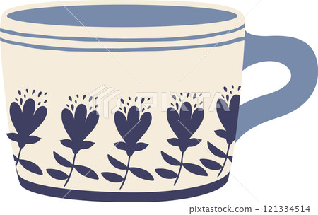 Charming beige mug featuring a delicate blue floral pattern and a sturdy handle, ideal for savoring warm beverages like coffee or tea during cozy mornings at home Charming beige mug featuring a delicate blue floral pattern and a sturdy handle, ideal for savoring warm beverages like coffee or tea during cozy mornings at home 121334514