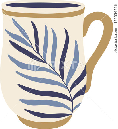 Trendy ceramic mug with a minimalist blue leaf design and golden accents adds a touch of nature to your daily coffee or tea ritual, perfect for showcasing in modern kitchens and cozy cafes Trendy ceramic mug with a minimalist blue leaf design and golden accents adds a touch of nature to your daily coffee or tea ritual, perfect for showcasing in modern kitchens and cozy cafes 121334516