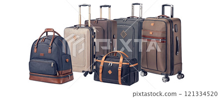 A collection of suitcases and bags is neatly arranged in a line 121334520