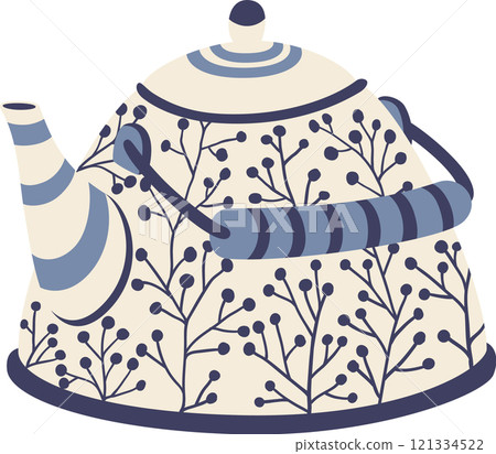 Beautifully designed porcelain teapot with a delicate blue floral pattern and striped details adds a touch of elegance to tea time, perfect for enjoying a warm beverage 121334522
