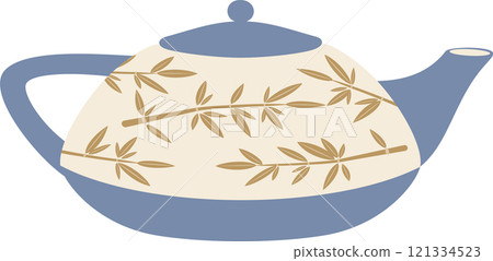 Light blue ceramic teapot featuring bamboo decoration, set against a clean white background, creating an inviting atmosphere for savoring a delightful cup of tea Light blue ceramic teapot featuring bamboo decoration, set against a clean white background, creating an inviting atmosphere for savoring a delightful cup of tea 121334523