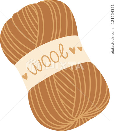 Light brown wool yarn ball with a label saying wool and two hearts, for knitting, crochet, and handmade crafts, isolated on a white background Light brown wool yarn ball with a label saying wool and two hearts, for knitting, crochet, and handmade crafts, isolated on a white background 121334531