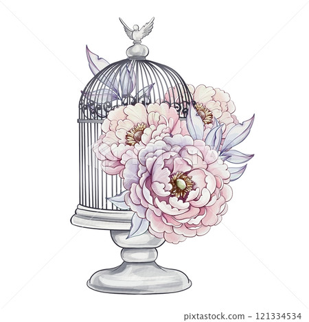 An ornate birdcage stands elegantly, adorned with vibrant peonies in soft pastels, creating a charming and serene atmosphere 121334534
