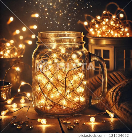 Glass jar filled with glowing fairy lights on a wooden surface creating a cozy, enchanting atmosphere in a dark setting Glass jar filled with glowing fairy lights on a wooden surface creating a cozy, enchanting atmosphere in a dark setting 121334632