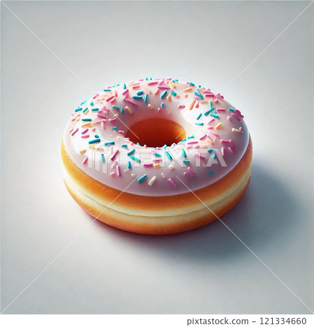 A pink glazed donut with colorful sprinkles on a plain background, showcasing its soft texture and vibrant appeal 121334660
