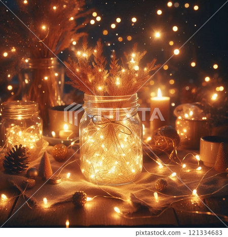 Glass jar filled with glowing fairy lights on a wooden surface creating a cozy, enchanting atmosphere in a dark setting 121334683