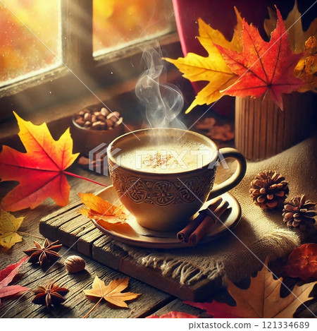 Cozy autumn scene with a steaming cup of coffee or tea wrapped in a knitted cozy, surrounded by pumpkins, yarn, and autumn leaves on a wooden table 121334689