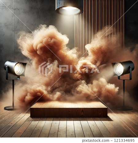 Wooden stage with dramatic swirling smoke under spotlights creating a mysterious and artistic atmosphere in a dark room Wooden stage with dramatic swirling smoke under spotlights creating a mysterious and artistic atmosphere in a dark room 121334695
