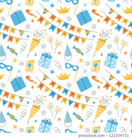 Happy Birthday pattern. Fun vector seamless background, repeated illustration with colorful bday party objects. Funny elements, joyful celebration print. Flat childish design 121334731
