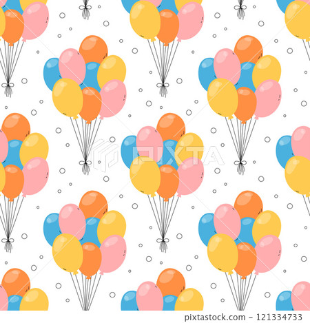 Balloons pattern. Cute vector seamless background with colorful flat illustrated balloons bunches. Birthday party, wedding or other celebration event decorative symbols 121334733