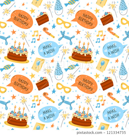 Happy Birthday seamless pattern. Fun vector background, repeated illustration with colorful bday party objects. Funny elements, joyful celebration print. Flat childish design 121334735