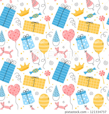 Happy Birthday seamless pattern. Endless vector illustration, repetitive white background with colorful bday party objects. Fun elements, joyful celebration. Flat kids, childish birthday design 121334737