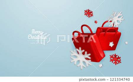 Happy New Year and Merry Christmas. Christmas holiday background with realistic 3d objects, bauble balls, conical metal stars. Levitation falling design composition. 121334740