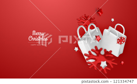 Christmas and New Year Sale. Red bright realistic 3d holiday object design, shopping bag, gift box. Promo sale, advertising banner, web poster. vector illustration 121334747