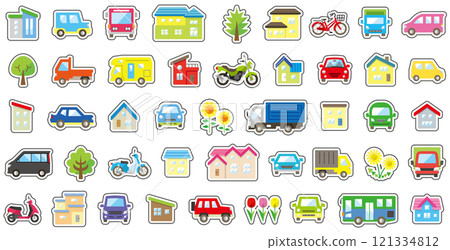 Icon set of house, car, motorcycle and plant (colored white border with black border) Icon set of house, car, motorcycle and plant (colored white border with black border) 121334812