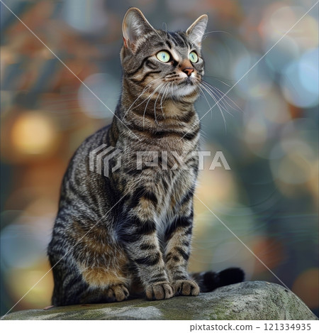 A small cat is sitting comfortably on a rock and looking up curiously A small cat is sitting comfortably on a rock and looking up curiously 121334935