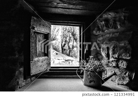 Interior view from the window of a rustic house towards a beautiful garden with trees 121334991