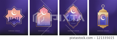 Ramadan Kareem window and lantern backgrounds. Modern Islamic greeting card template and wallpaper Ramadan Kareem window and lantern backgrounds. Modern Islamic greeting card template and wallpaper 121335015