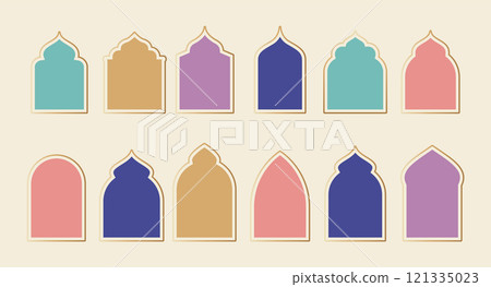 Collection of Islamic windows, mosque doors, frames and arches. Arabic oriental style elements for 121335023