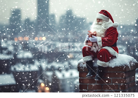 Santa claus sitting on a chimney holding a christmas present during a snowfall Santa claus sitting on a chimney holding a christmas present during a snowfall 121335075