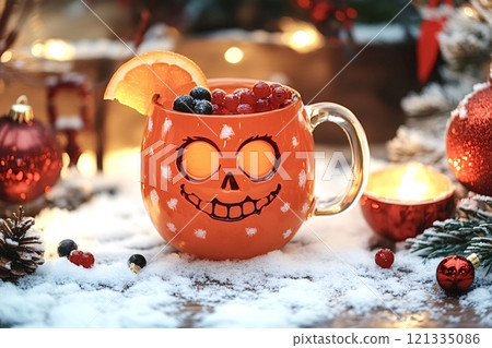 Halloween-themed orange mug with christmas decorations and snow 121335086