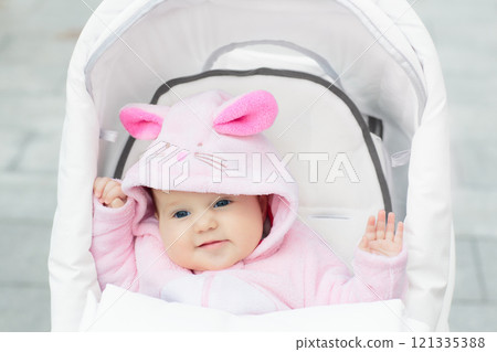 Baby girl in stroller in autumn park 121335388